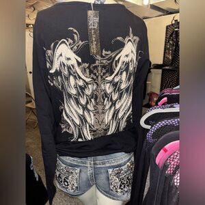Platinum Plush Angel Wings Rhinestone Eyelet Long Sleeve Top